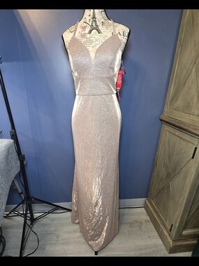 Morgan & Co Rose Gold Glitter Prom Dress Womens 1 NWT Open Back Formal Gown USA